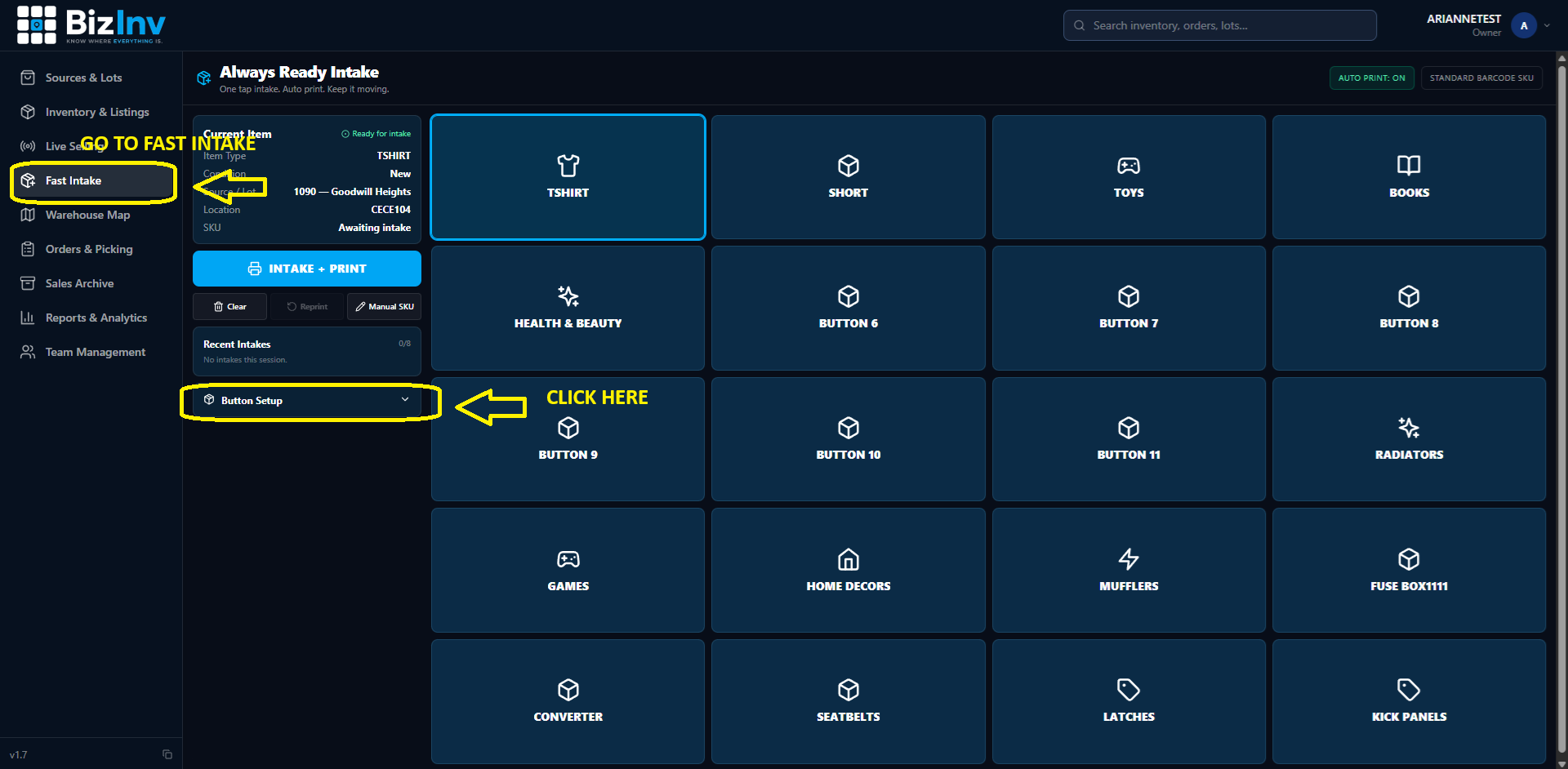 Intake screen showing item type, condition, and destination fields