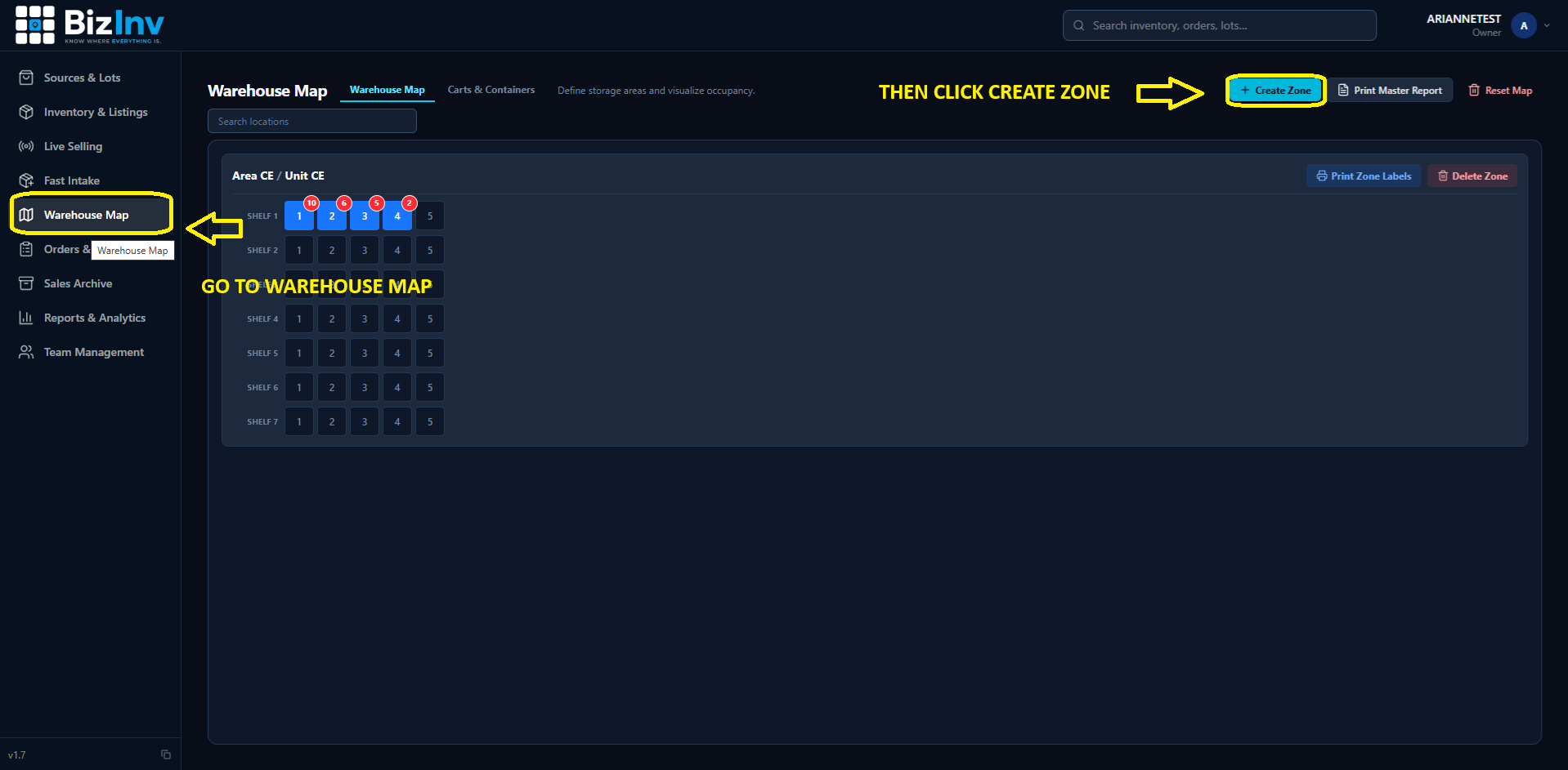 Locations screen with add zone form