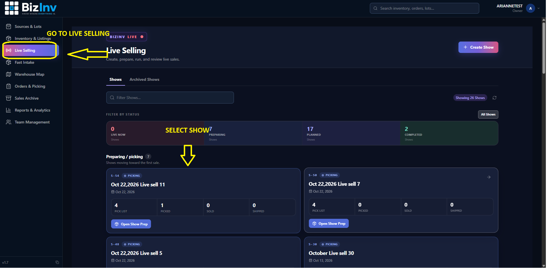 Show screen with Add to pick list button