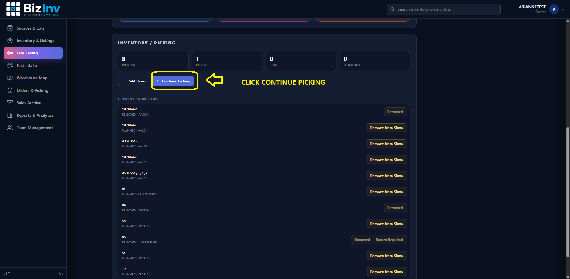 Pick list showing checked-off items
