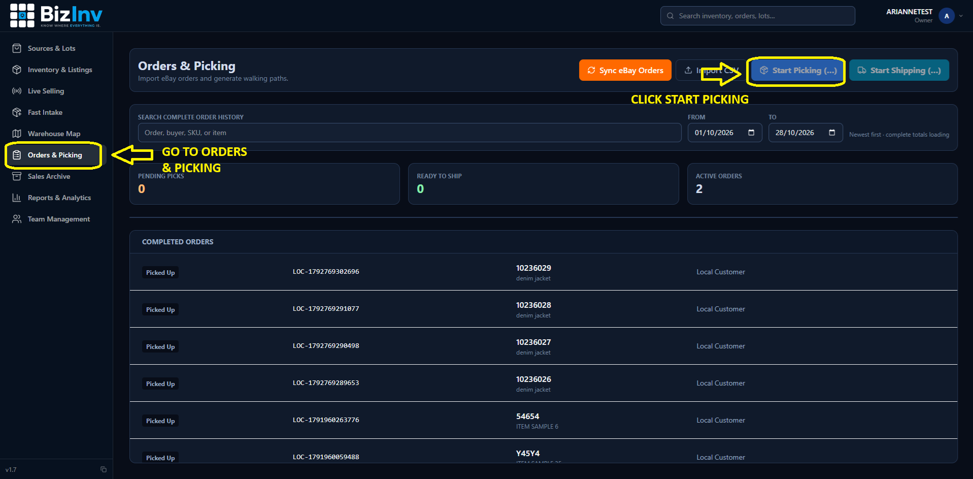 Order detail with Start picking button