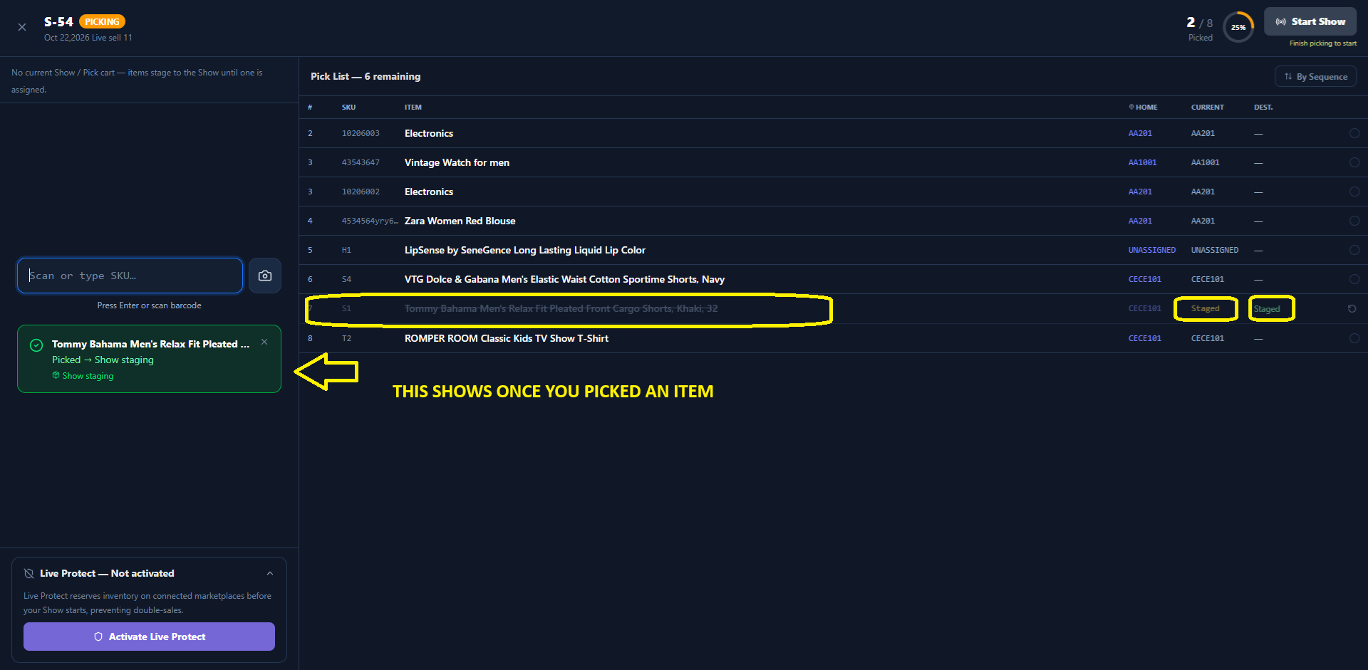 Missing item flagged on pick list