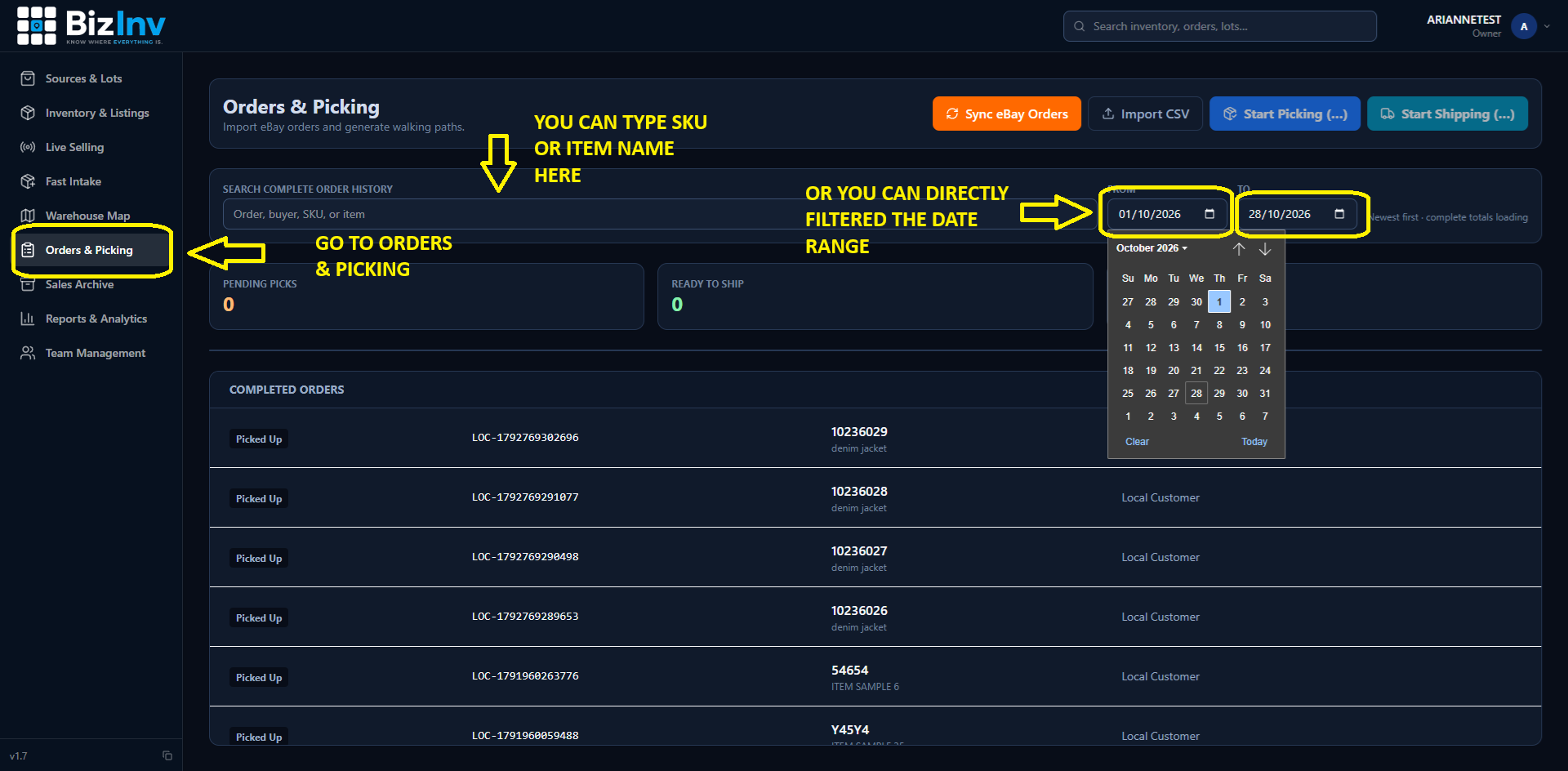 Orders screen filters for status, channel, and date range