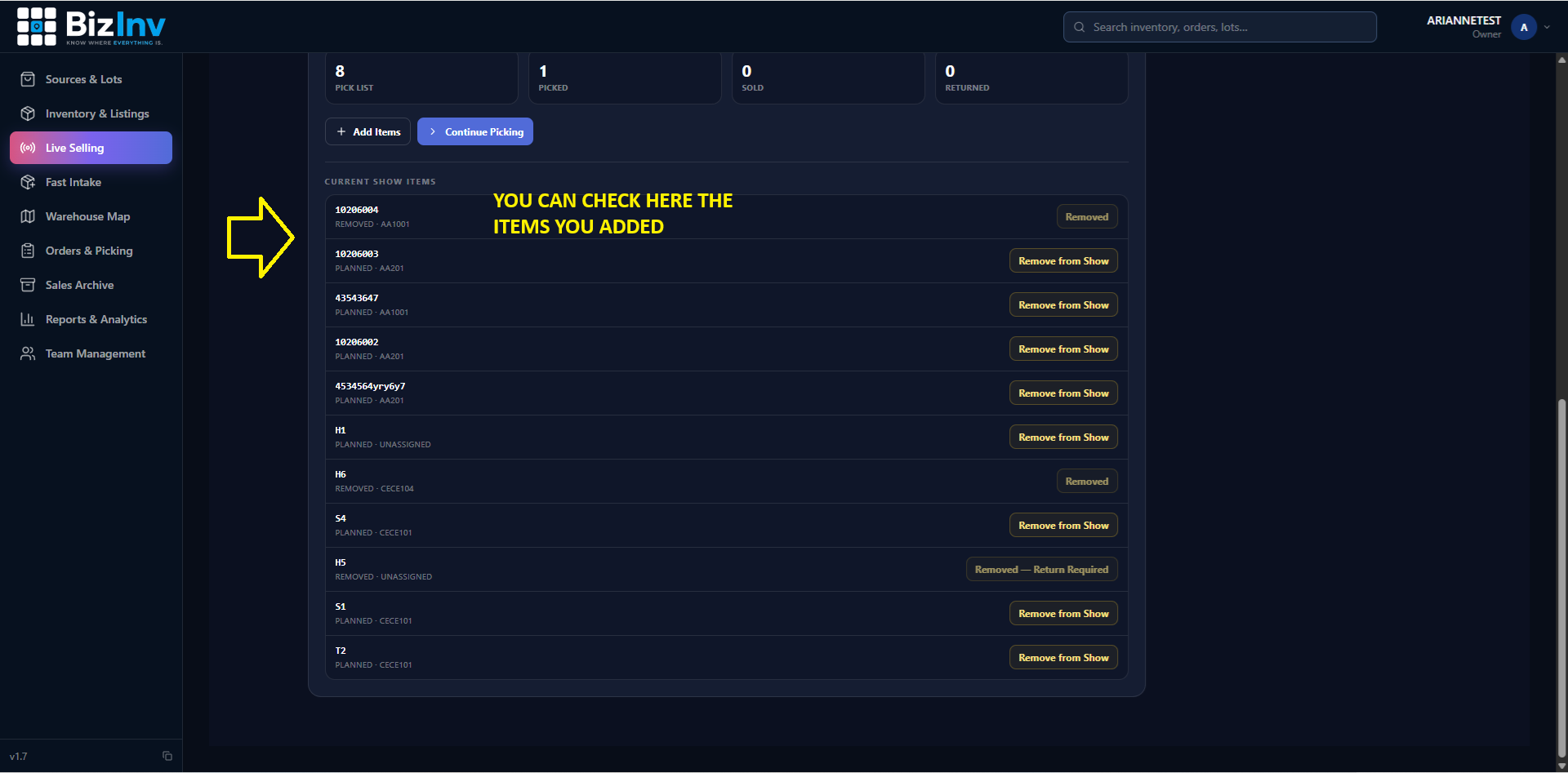 Confirmation of items added to show
