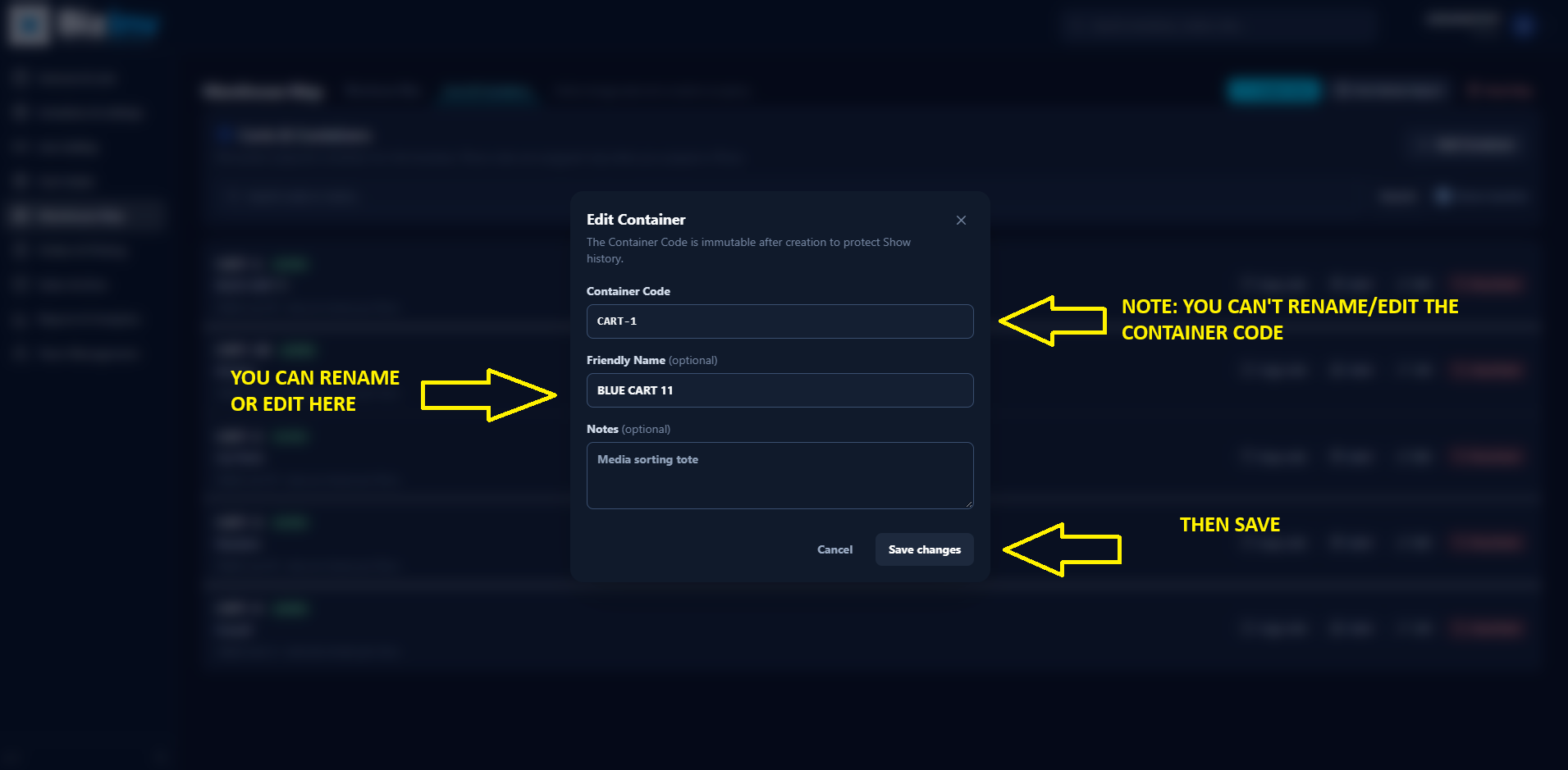 Container detail with Edit button