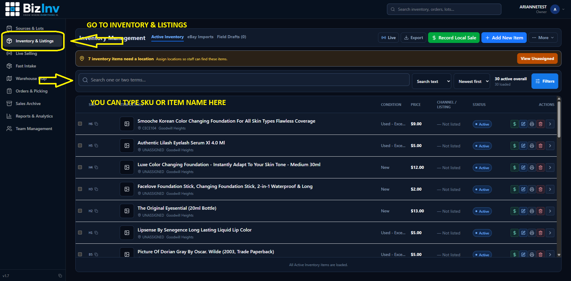 Search filters panel with status, condition, bin, and source