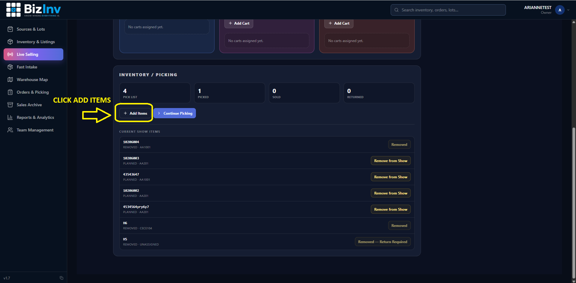 Item detail screen with Add to show action